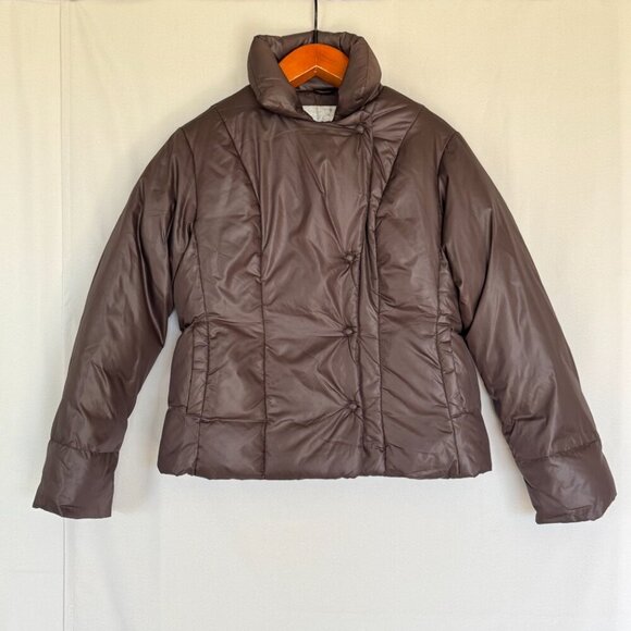 Y2K Gap Chocolate Brown Snap Front  Short Boxy Down Puffer Jacket Size Medium - Picture 1 of 11